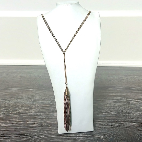 Jewelry - Gold tone long necklace with multi-color tassel